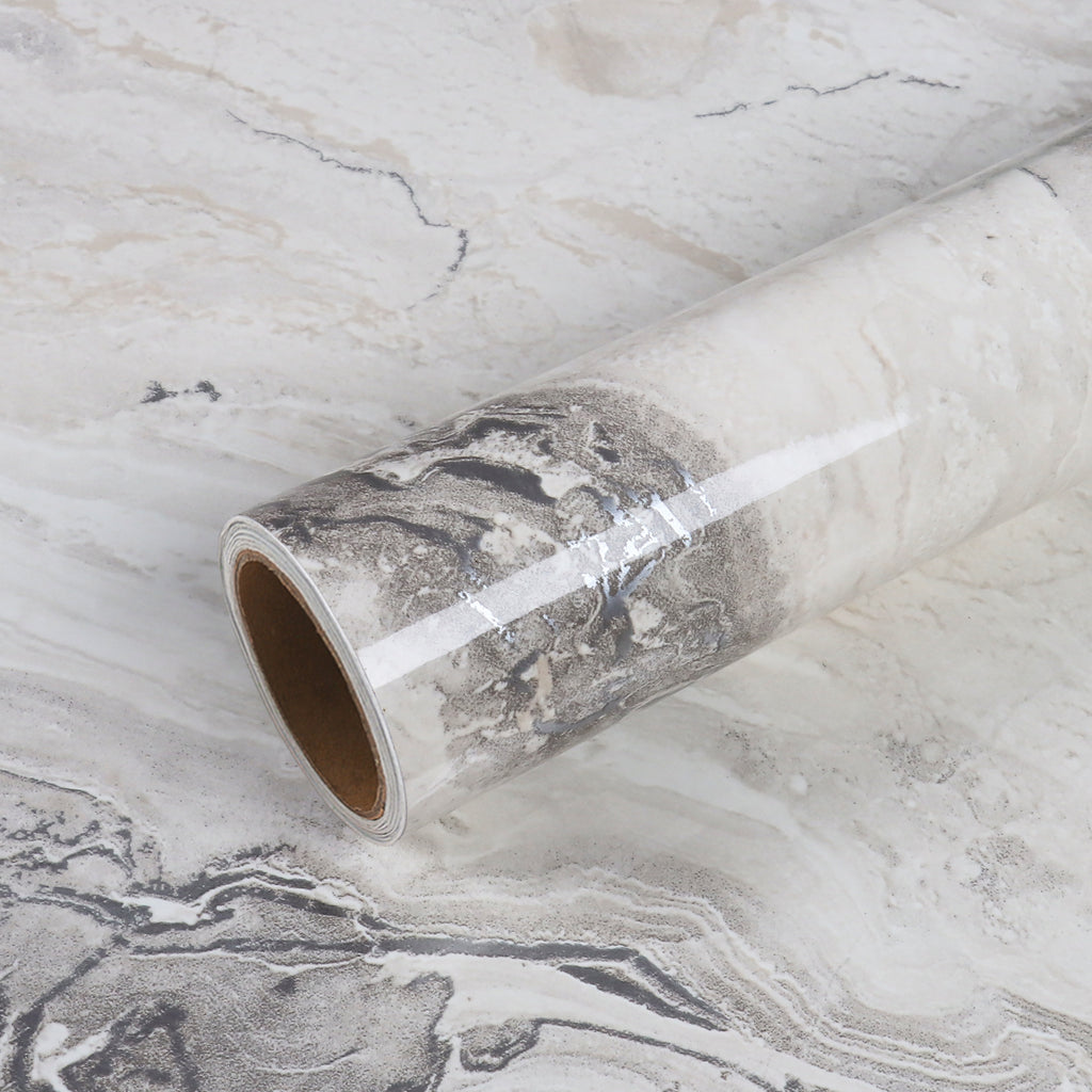 VEELIKE Glossy Silver Beige Marble Contact Paper