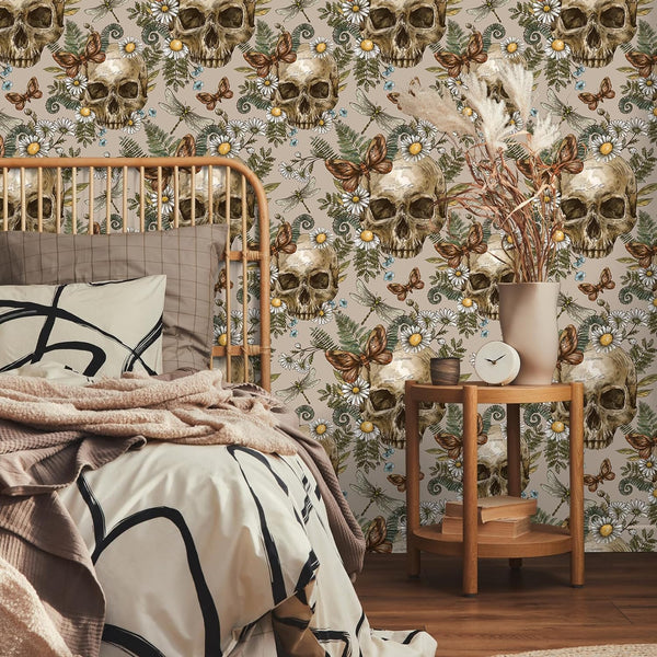 VEELIKE Brown Gothic Skulls Ferns Wallpaper