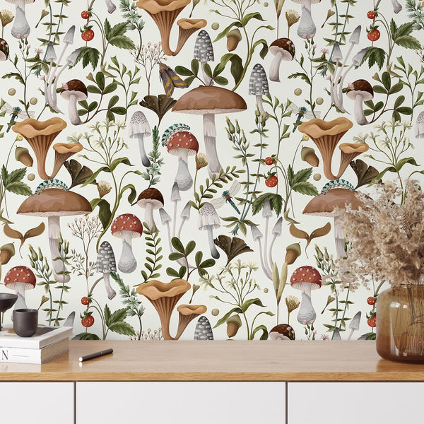 VEELIKE White Berries Mushroom Wallpaper