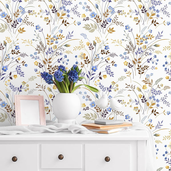 VEELIKE Blue Gold Wildflowers Floral Wallpaper