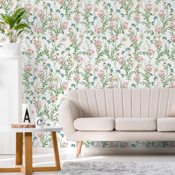 VEELIKE Turquoise Pink Meadow Floral Wallpaper