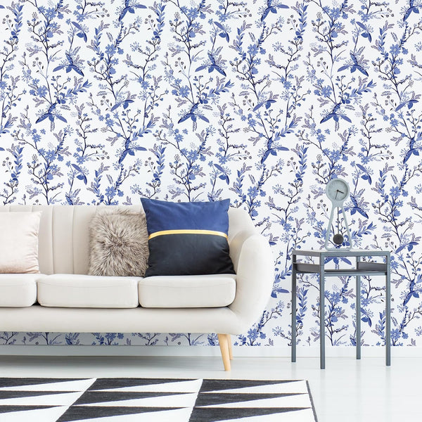 VEELIKE Blue Floral Peel and Stick Wallpaper