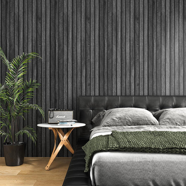 VEELIKE Charcoal Black Wooden Slat Wallpaper