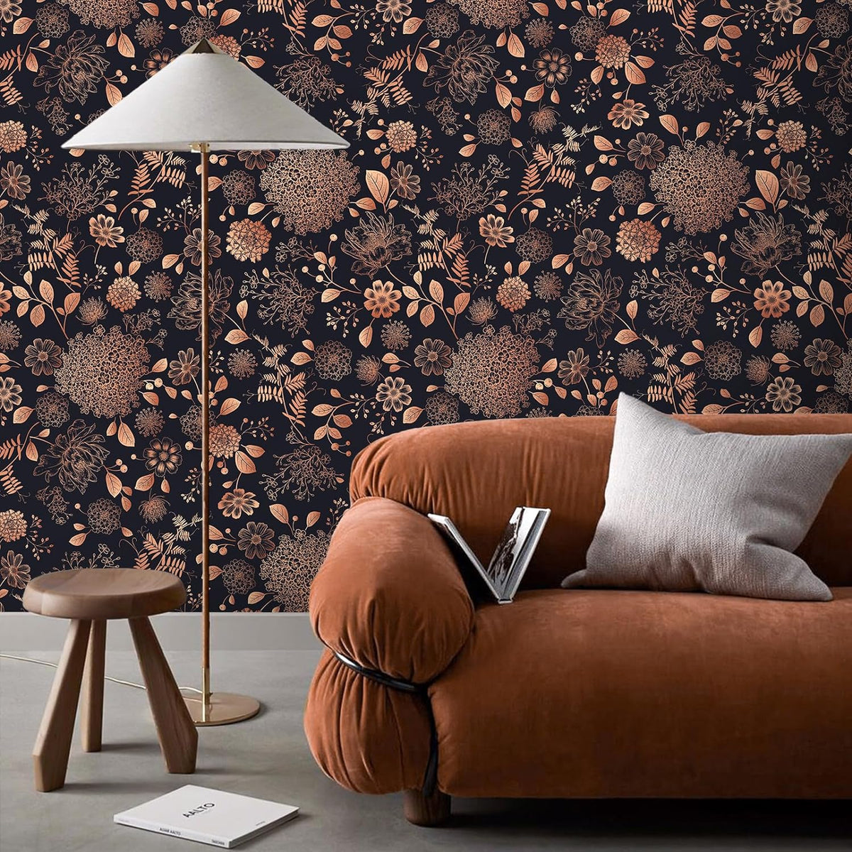VEELIKE Black Orange Herbs Floral Wallpaper – Veelike