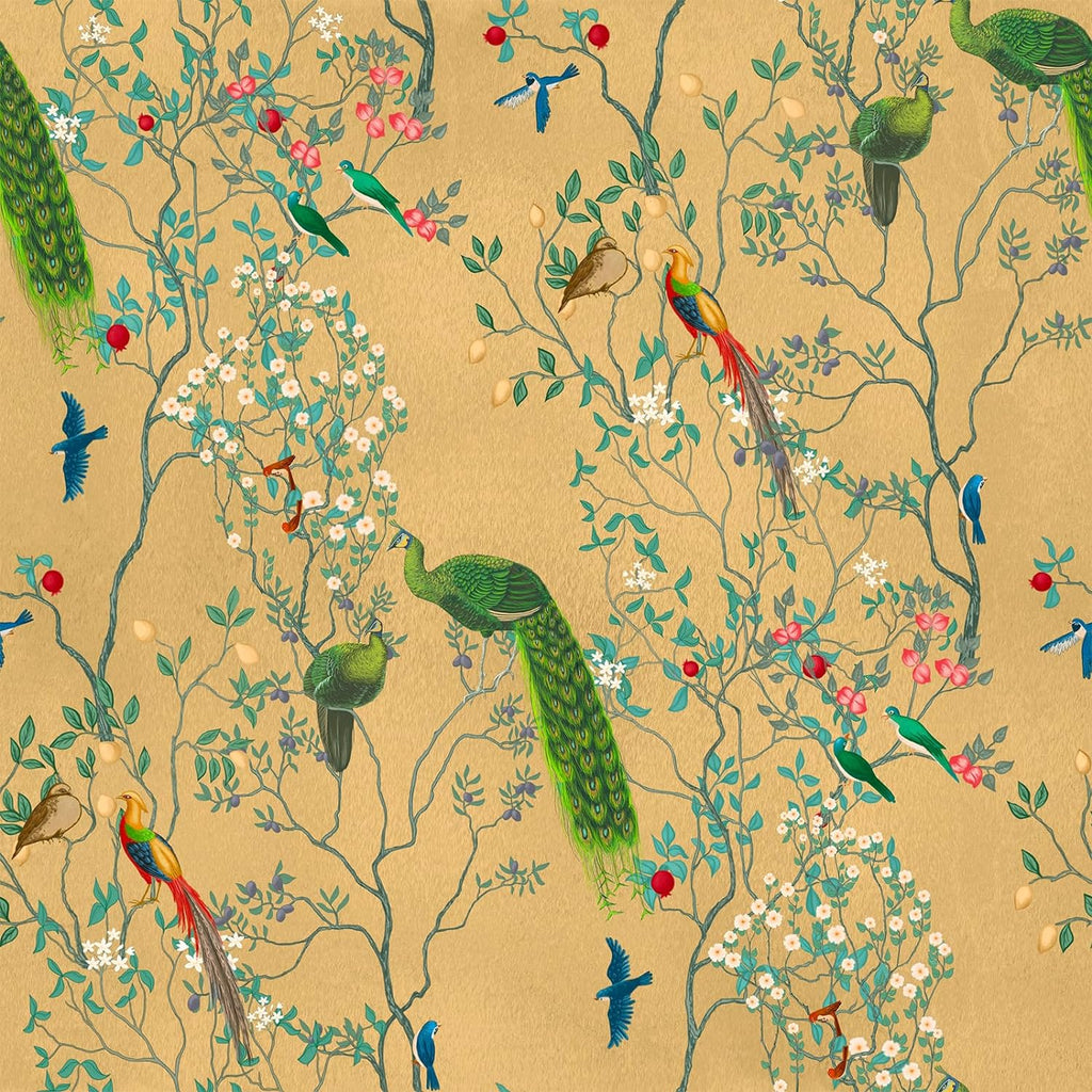 VEELIKE Yellow Chinoiserie Birds Floral Wallpaper