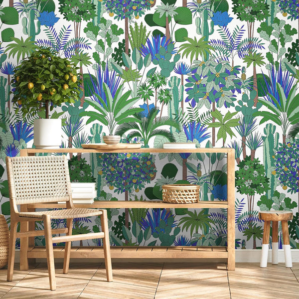 VEELIKE Blue Green Oasis Palm Trees Cactus Tropical Wallpaper
