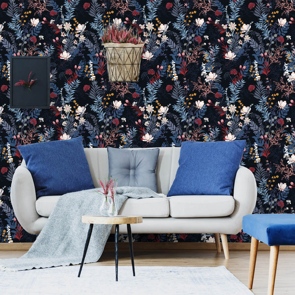     black-blue-floral-wall-mural-for-living-room-wall