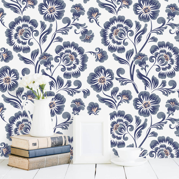    grey-blue-flowers-on-white-vinyi-paper-floral-wall-mural