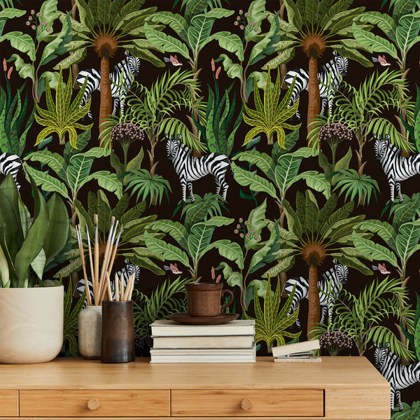 jungle-zebra-on-black-vinyi-paper-floral-wall-mural