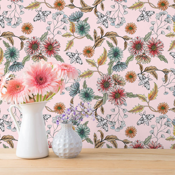     large-size-buzzing-bees-and-coloful-daisy-pink-floral-wall-paper-glue-free
