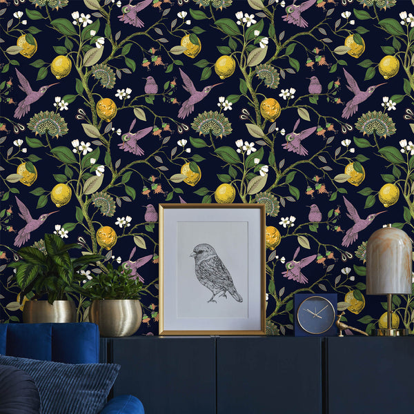 large-size-yellow-lemon-purple-birds-printing-wall-paper-no-paste-required