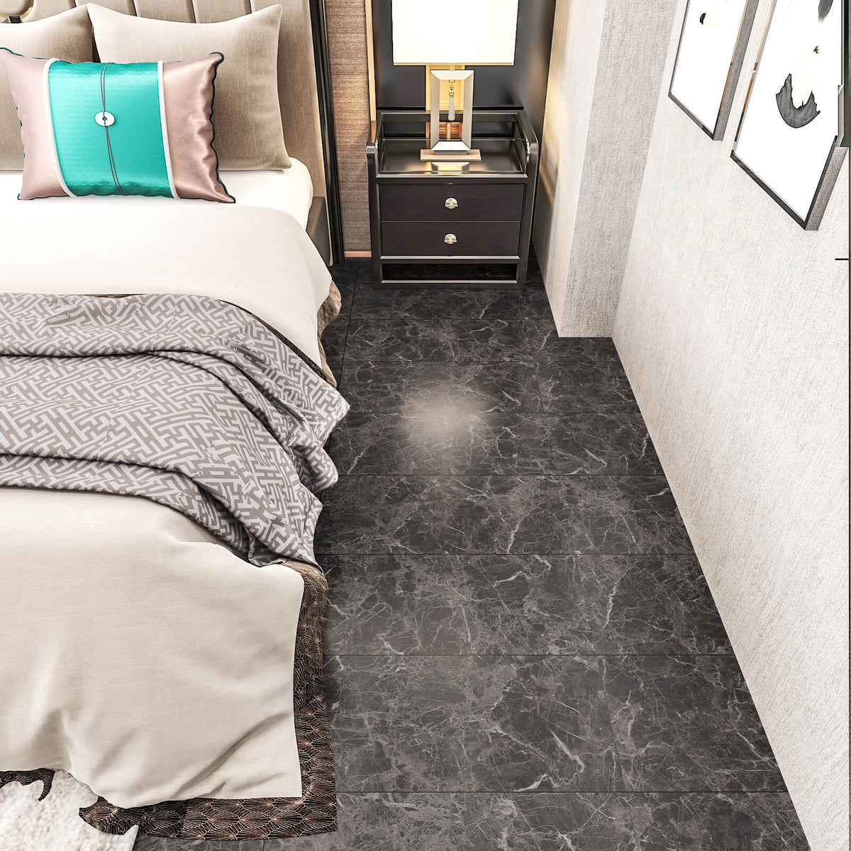 VEELIKE Light Black Marble Floor Tile Stickers 12''×24'' Veelike
