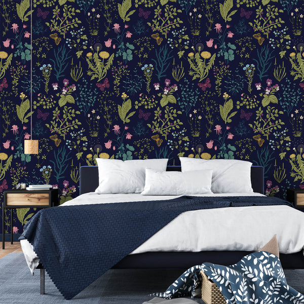 self-adhesive-bedroom-wallpaper-multicolor-herbs-navy-blue