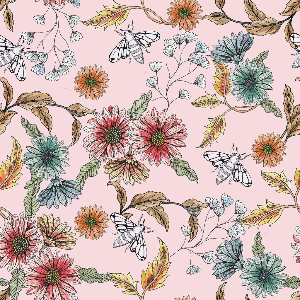    veelike-buzzing-bees-daisy-floral-adhesive-wallpaper-pink