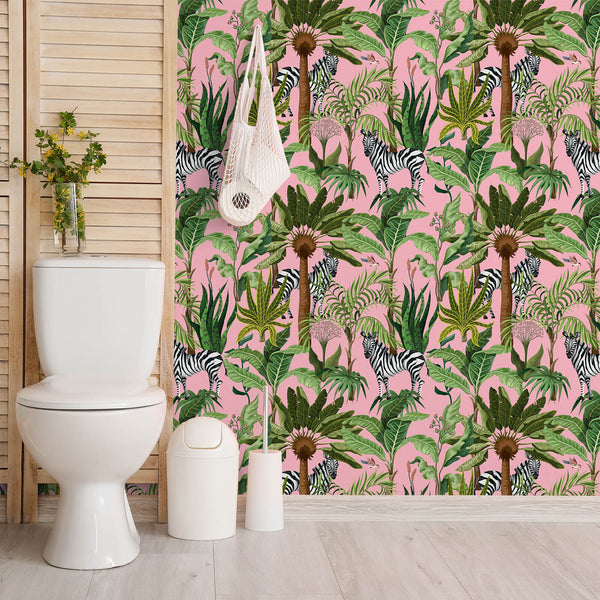     waterproof-lanscape-pink-tropical-floral-wall-paper-for-bathroom-walls