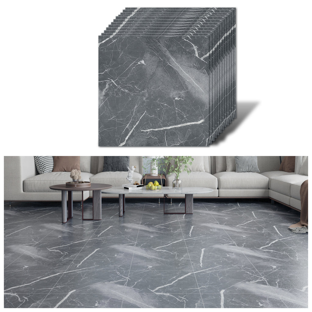 VEELIKE Dark Grey Marble Vinyl Floor Tiles 12''×12''