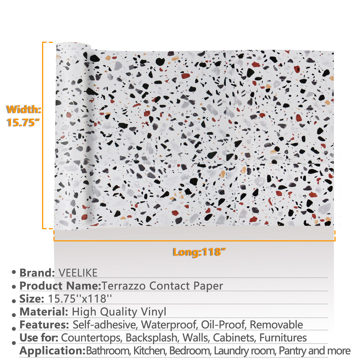 VEELIKE Gray Granite Contact Paper Peel and Stick 15.7''x118