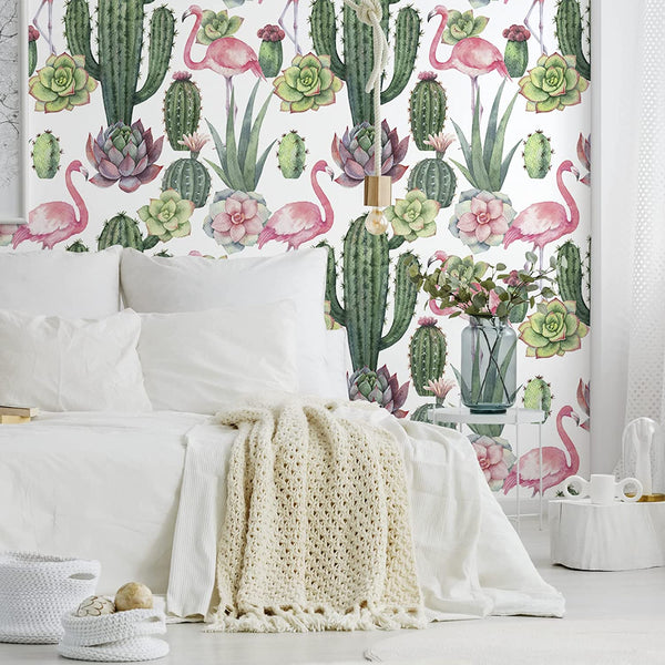 VEELIKE Flamingos and Cactus Wallpaper