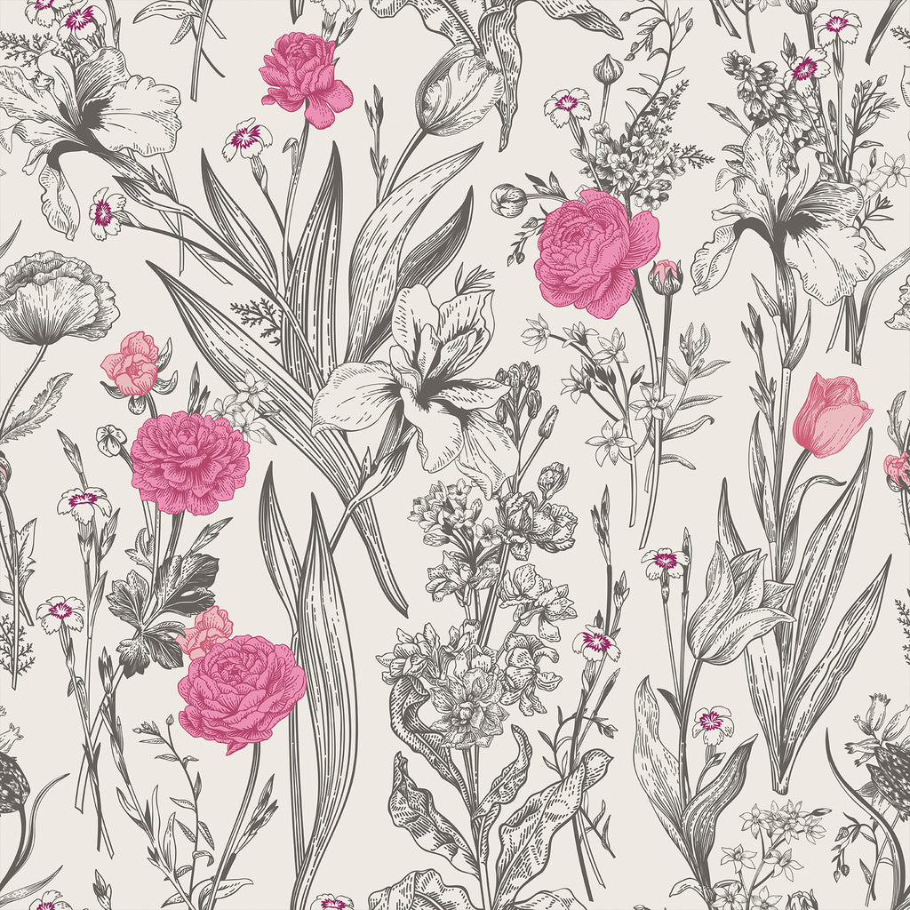 VEELIKE Grey Sketch Floral Peel and Stick Wallpaper