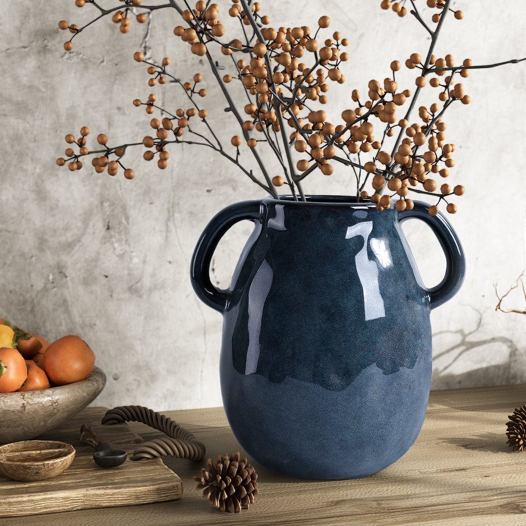 GarDream Retro Navy Blue Ceramic Vase with Double Handles, 7 Inch Tall