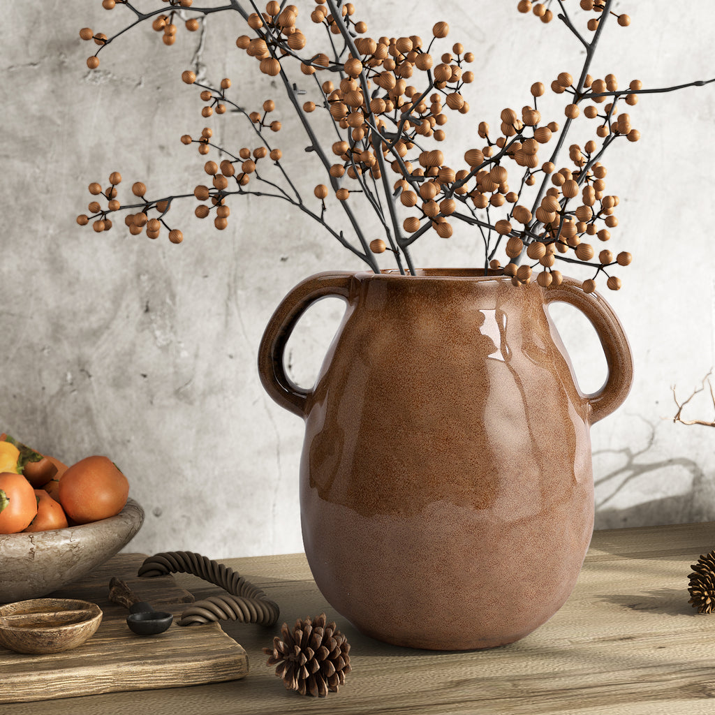 GarDream Antique Brown Ceramic Vase with Double Handles, 7 Inch Tall