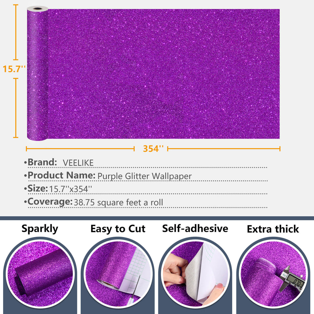 Purple Wallpaper Glitter Contact Paper Purple Glitter Peel and Stick Wallpaper Sparkle Self Adhesive Paper Vinyl Removable Contact Paper Decorative