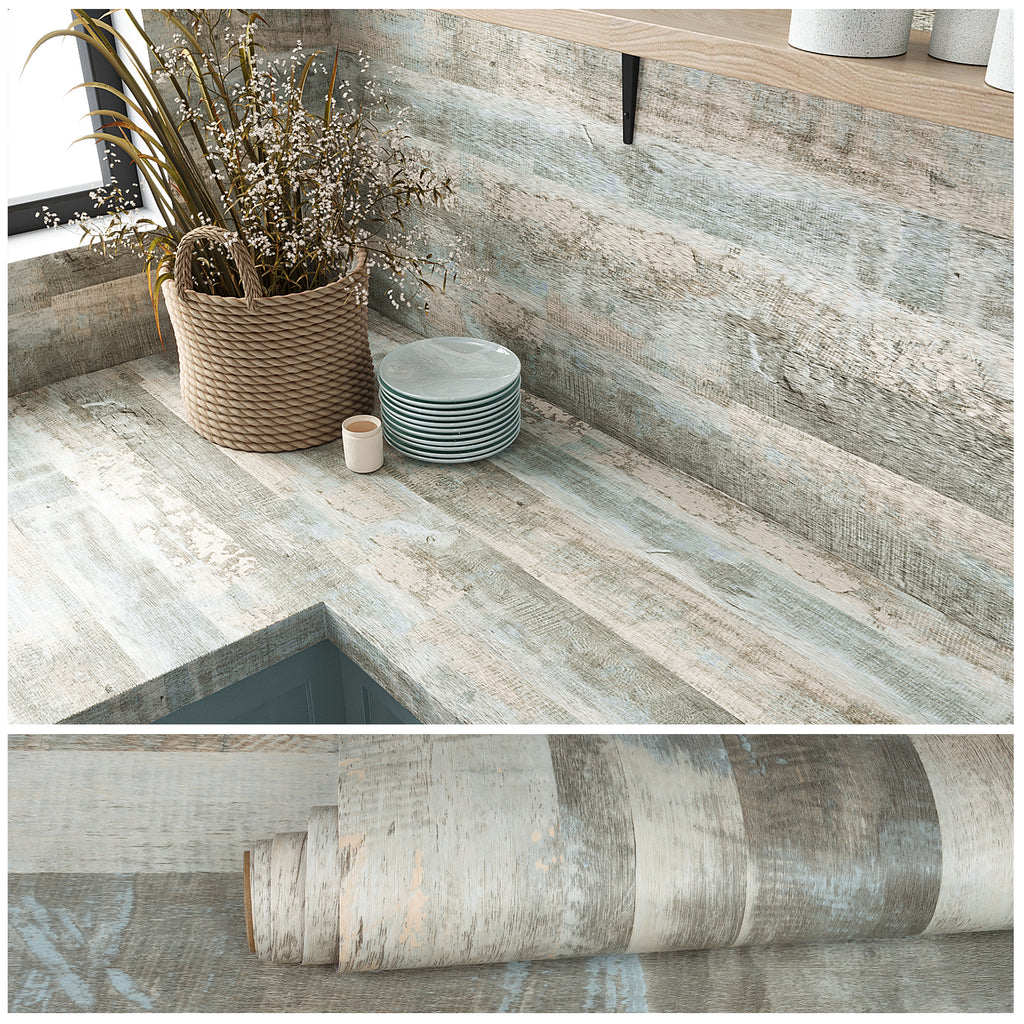 VEELIKE Light Blue Weathered Wood Plank Wallpaper