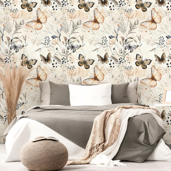 VEELIKE Boho Butterflies Wildflowers Peel and Stick Wallpaper
