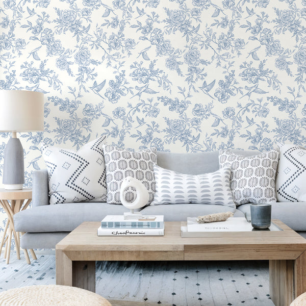 VEELIKE Cottage Blue Flower Bird Wallpaper