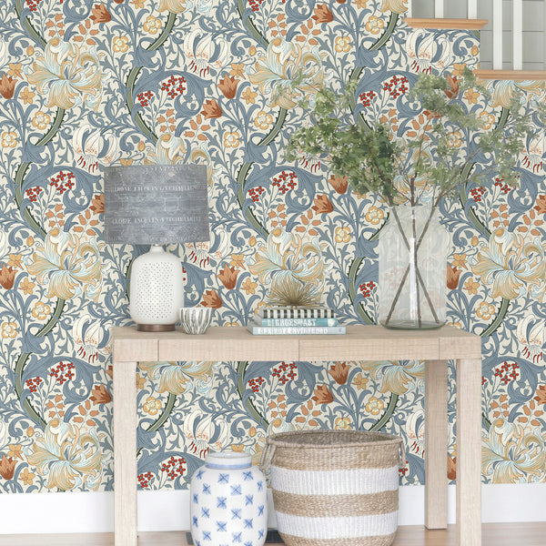 VEELIKE Golden Lily Blue Floral Wallpaper