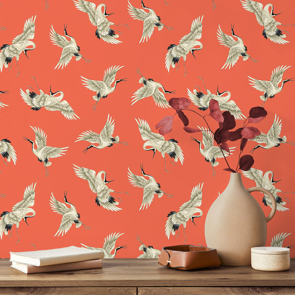 VEELIKE Orange Japanese Crane Peel and Stick Wallpaper