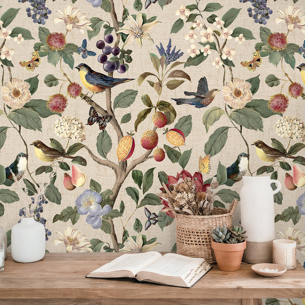VEELIKE Retro Beige Bird Wallpaper with Butterflies
