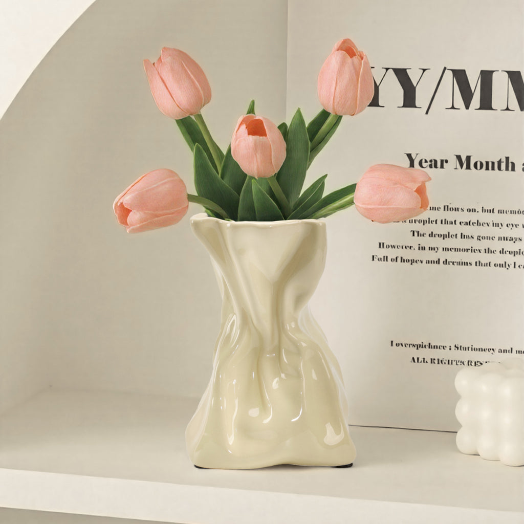 GarDream Thick Crinkled Paper Bag Ceramic Vase in Cream, 7.6 Inch Tall