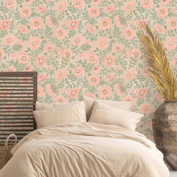 VEELIKE Retro Pink Poppy Floral Wallpaper
