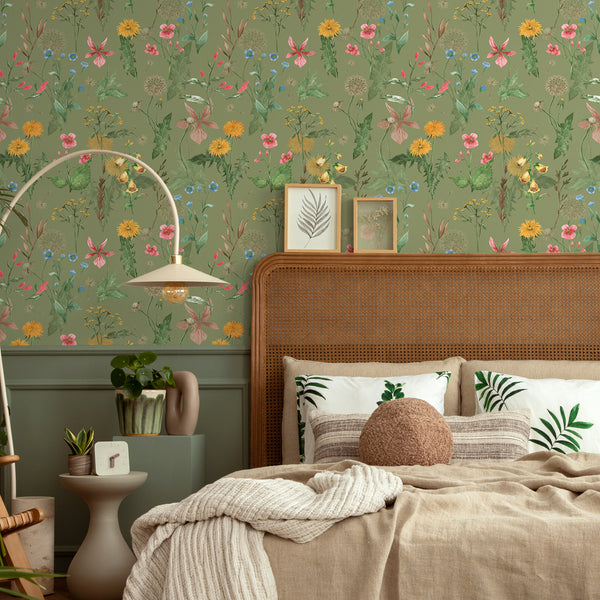 VEELIKE Wild Flower Green Floral Wallpaper