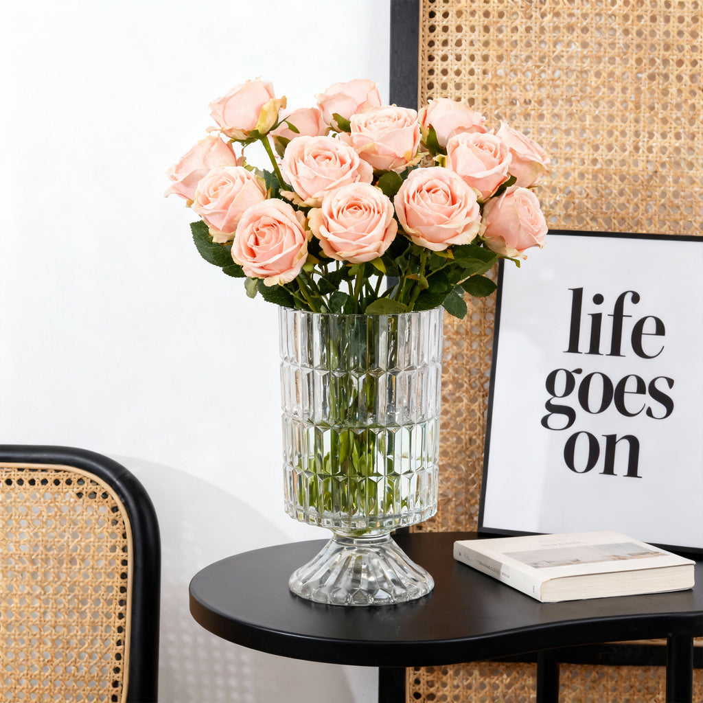 GarDream Crystal Ribbed Pedestal Glass Vase, 6.7 Inch Tall