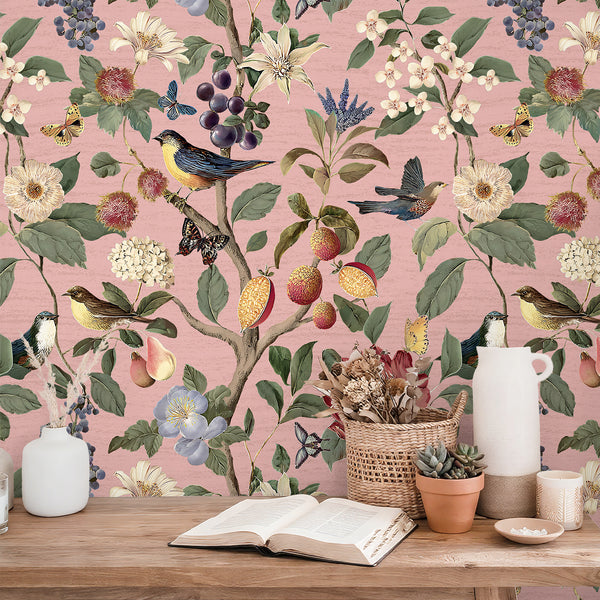 VEELIKE Retro Pink Bird Wallpaper with Butterflies