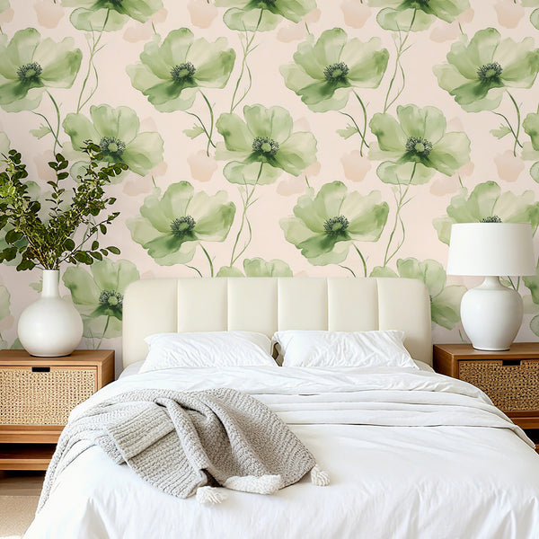VEELIKE Green Watercolor Poppy Flower Wallpaper