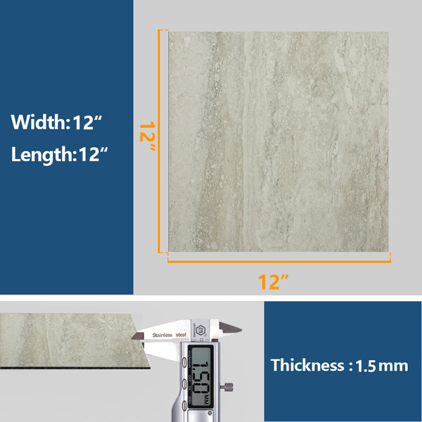 VEELIKE Beige Travertine Marble Vinyl Floor Tiles 12''×12''