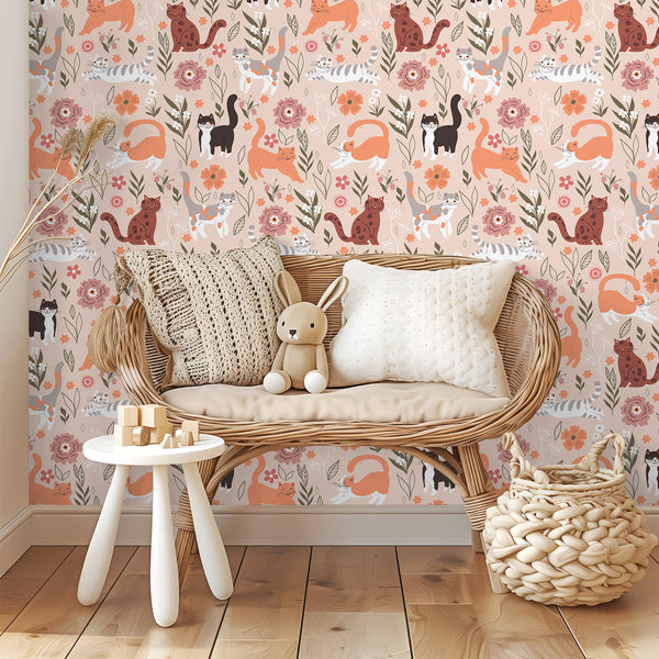 VEELIKE Pink Chasing Cat Peel and Stick Wallpaper
