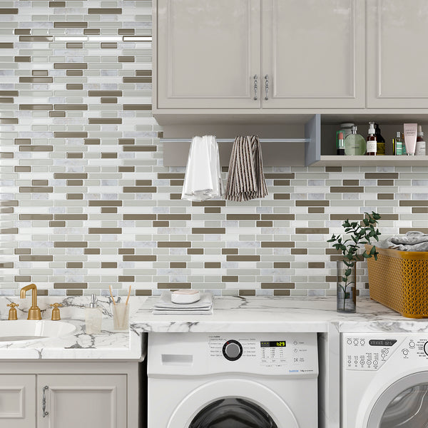 VEELIKE Brown Green Mosaic Peel and Stick Backsplash Tile