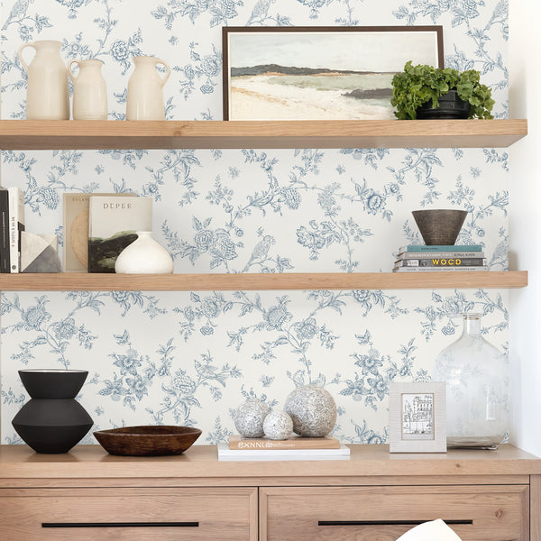 VEELIKE Cottage Birds Blue Toile Floral Wallpaper