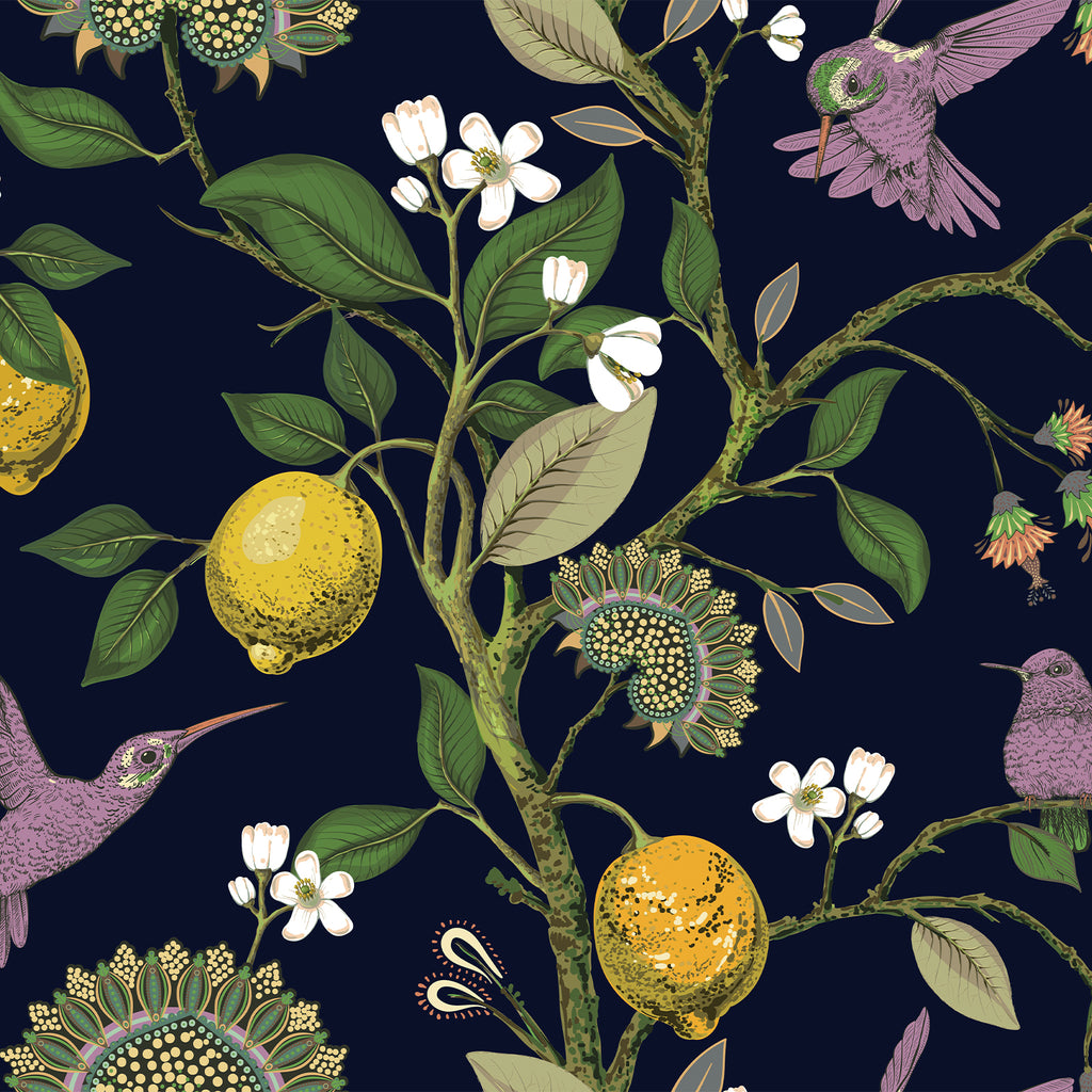 VEELIKE Navy Blue Lemon Tree Wallpaper