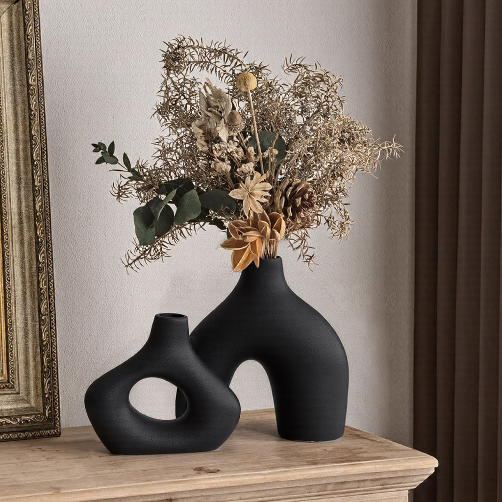 GarDream Black Hollow Donut Ceramic Vase Set of 2