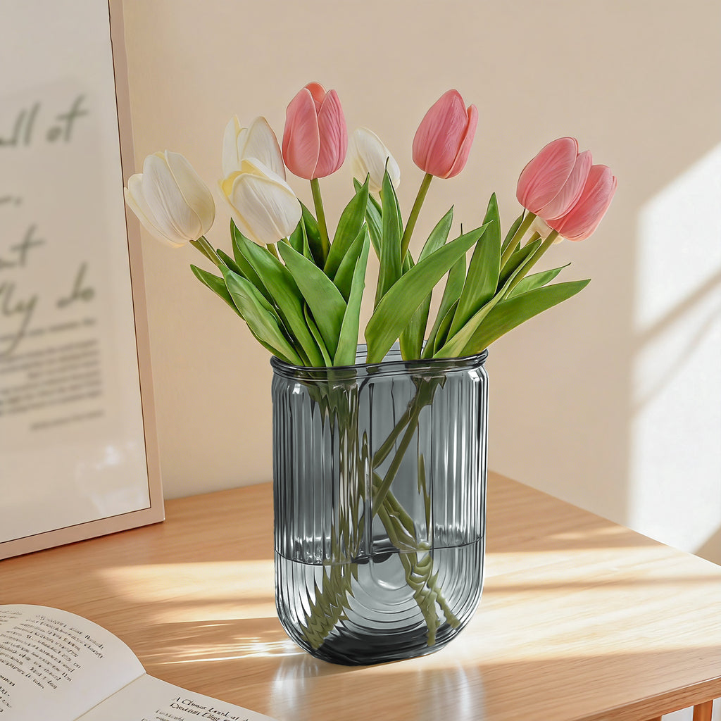 GarDream Grey Ribbed U-Shaped Glass Vase, 7.28 Inch Tall