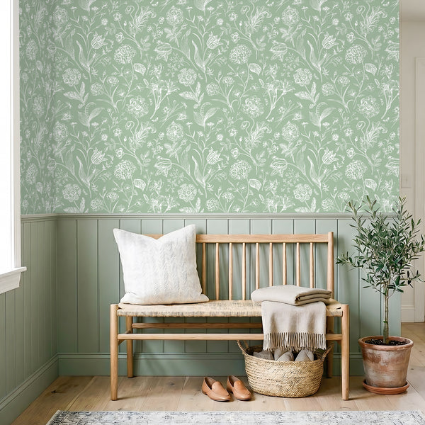 VEELIKE Sage Green Cottagecore Wildflowers Wallpaper
