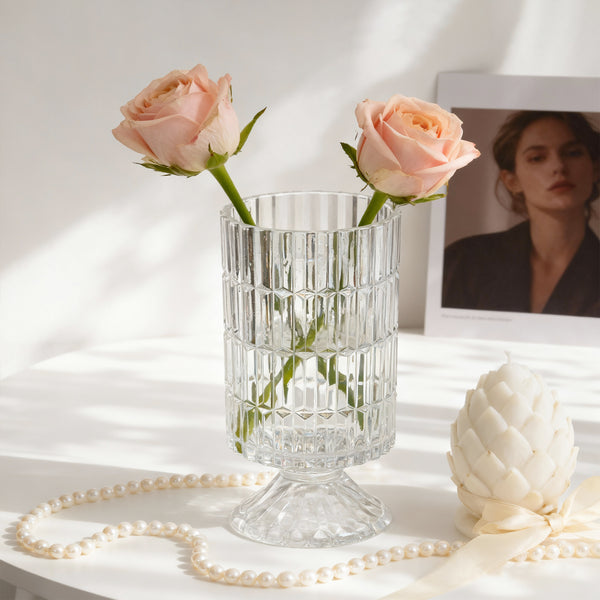 GarDream Crystal Ribbed Pedestal Glass Vase, 6.7 Inch Tall