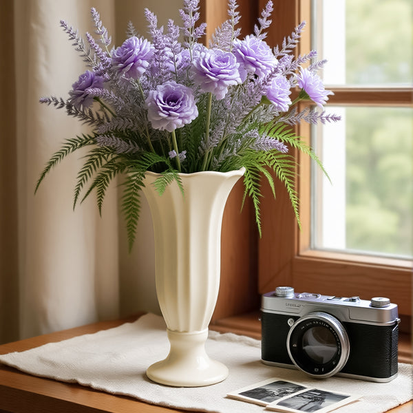 GarDream Cream White Fluted Ceramic Vase, 10 Inch Tall