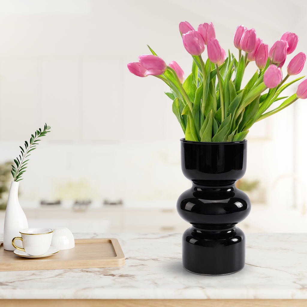 GarDream Modern Black Glass Vase, 7 Inch Tall