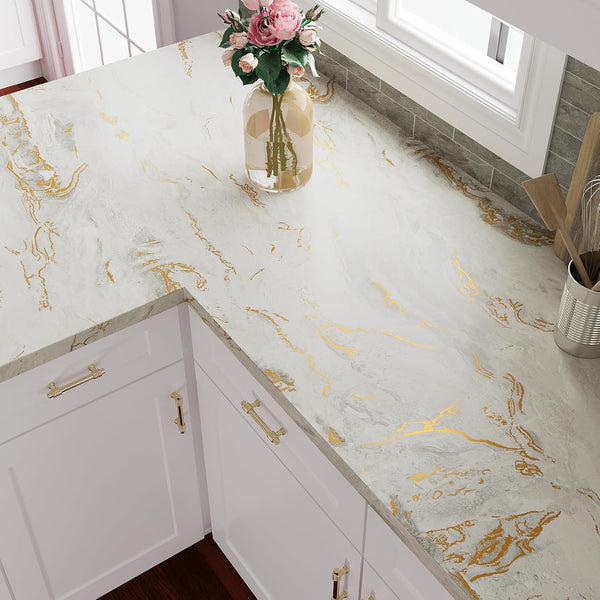 VEELIKE Matte Beige Gold Liquid Marble Contact Paper